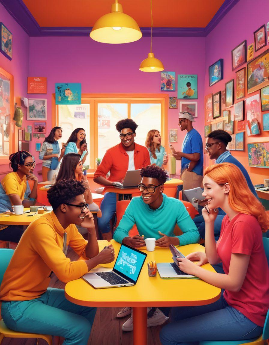 A whimsical illustration of a diverse group of people engaged in animated discussions, sharing lighthearted stories in a colorful, vibrant digital café filled with pop culture memorabilia. Include laptops, smartphones, and comic books scattered around to represent the digital community vibe. Bright colors and playful characters enhance the spirit of fun and connection. cartoon style. vibrant colors. dynamic composition.