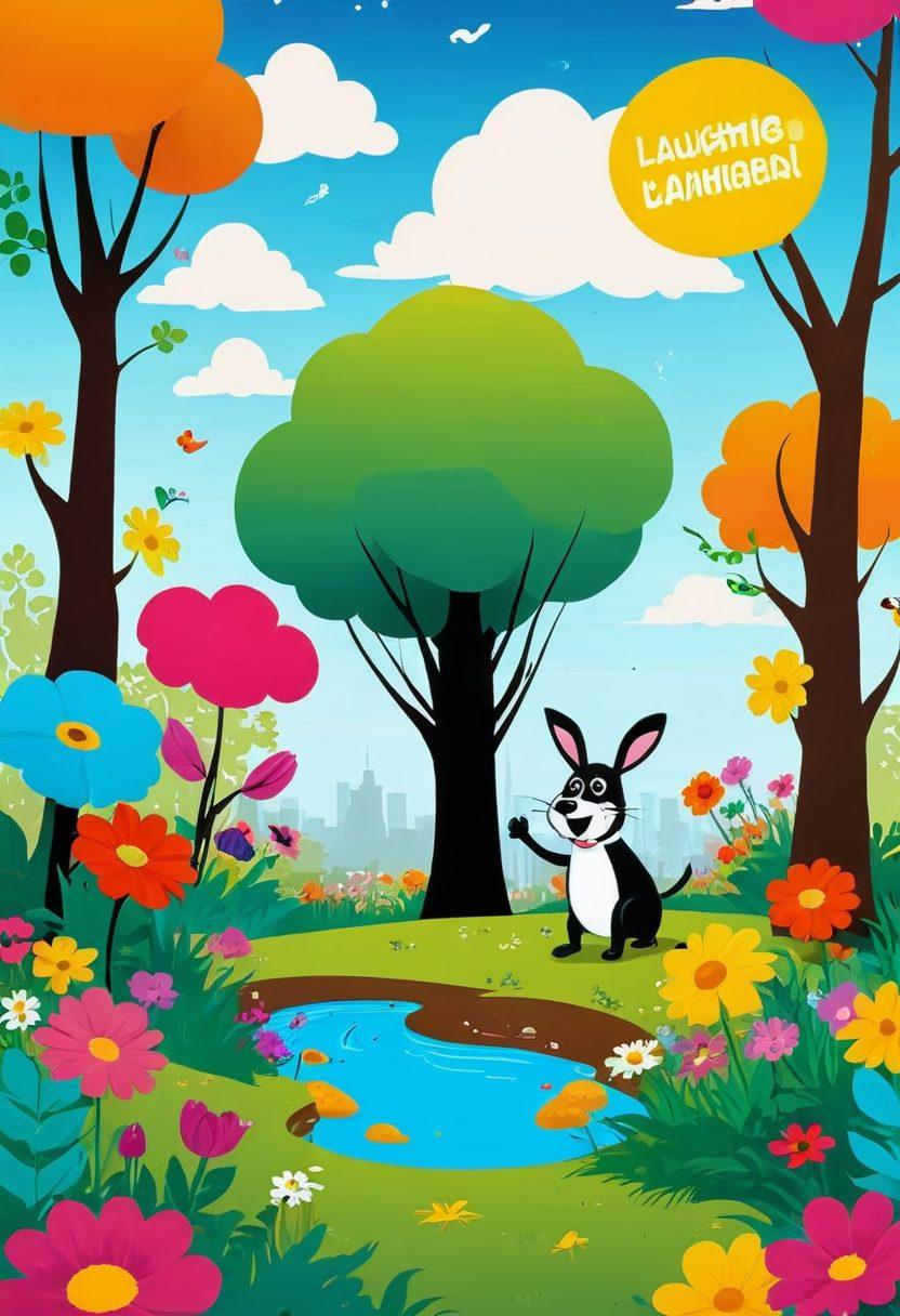 A whimsical landscape featuring a cartoonish character gleefully falling into comical holes that lead to amusing scenes like laughing animals and funny mishaps. Surround the holes with vibrant, oversized flowers and quirky signs pointing to 'Laughter Land'. Integrate playful text bubbles with humorous anecdotes floating in the air. The style should be colorful with a cartoon vibe, creating a light-hearted and joyful atmosphere. vibrant colors. cartoon style.