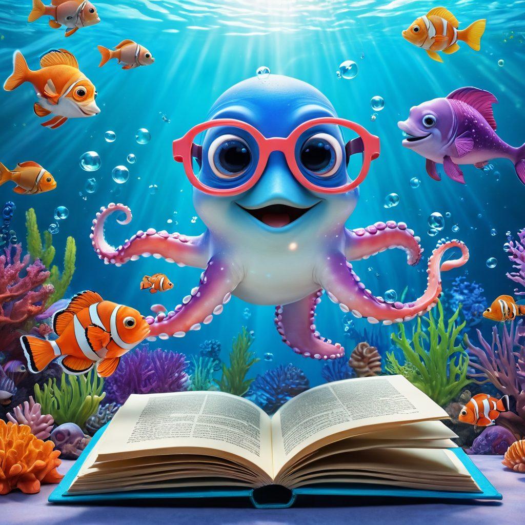 A whimsical underwater scene featuring playful sea creatures sharing funny stories, with vibrant bubbles floating around. Include a quirky octopus wearing glasses, a laughing dolphin, and a clownfish holding a joke book. Set the scene with colorful coral and playful light rays penetrating the water surface. cartoon style. vibrant colors. 3D.